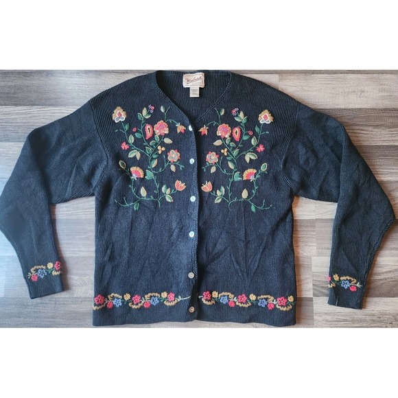 WOOLRICH CARDIGAN WOMENS SIZE LARGE FLORAL EMBROIDED BLACK BUTTON UP 90S VINTAGE - Picture 1 of 12